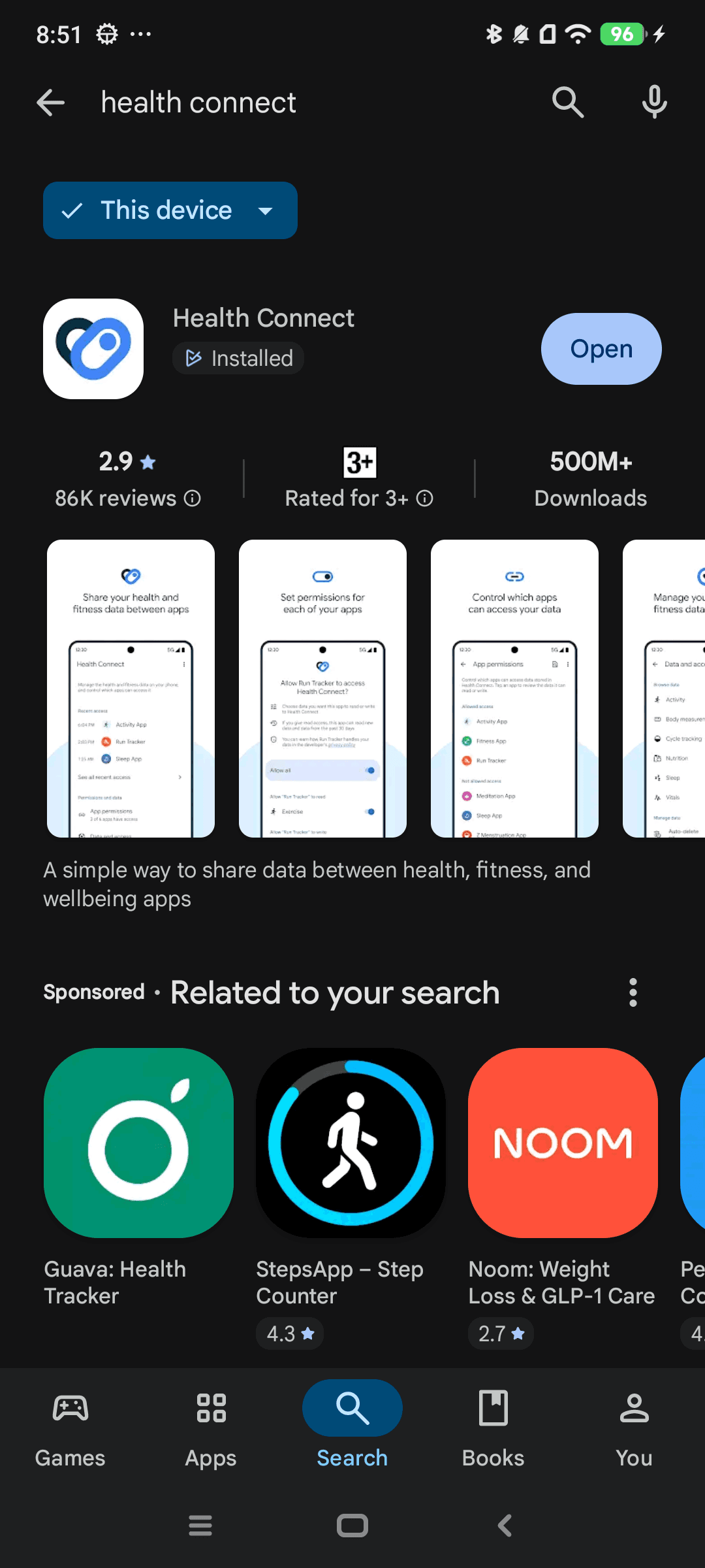 Google Play search results for Health Connect