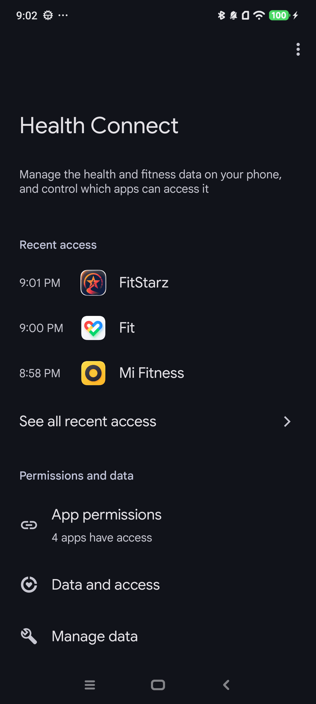 Health Connect home screen