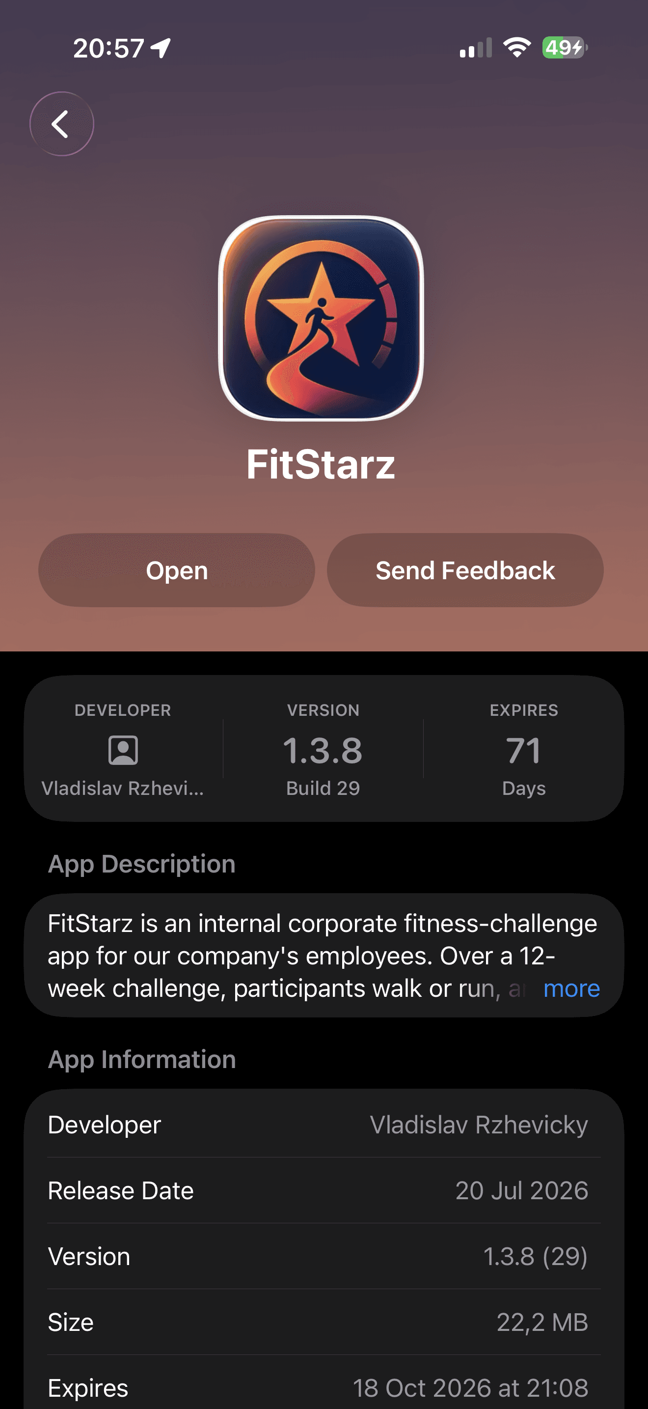 TestFlight showing the FitStarz build