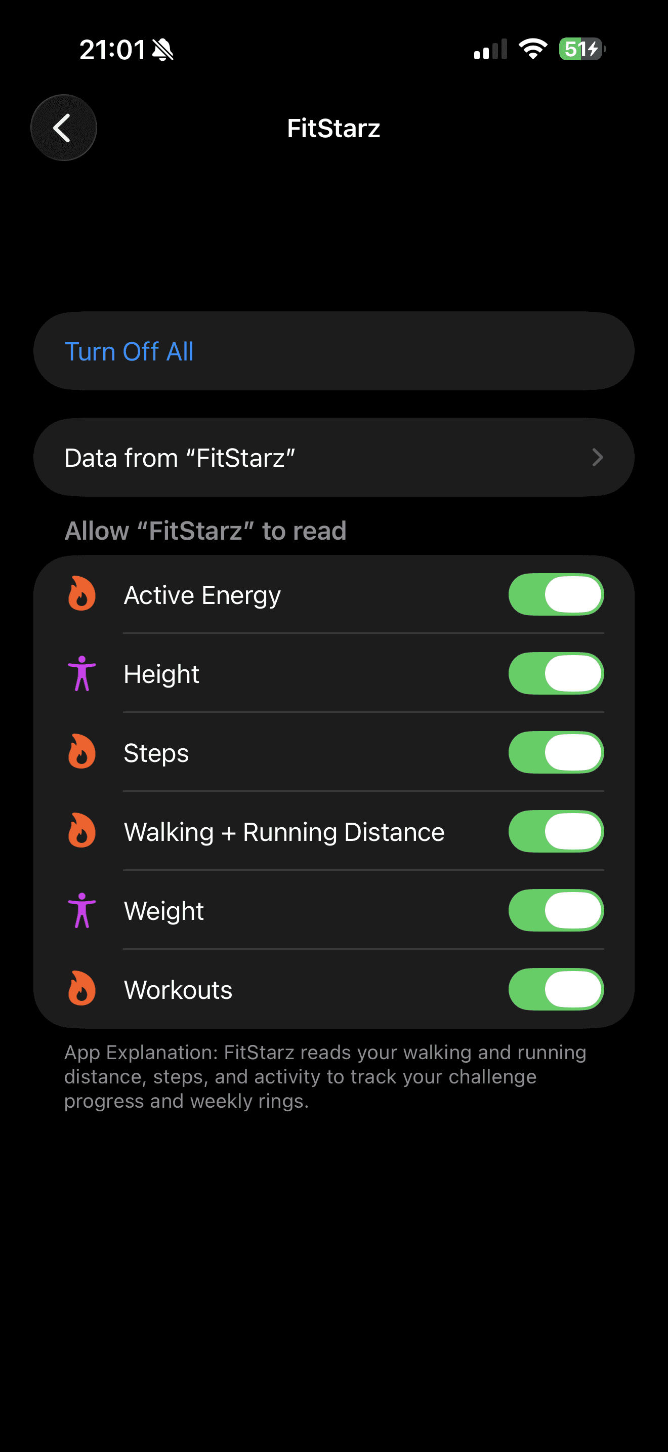 iOS Health data access switches for FitStarz